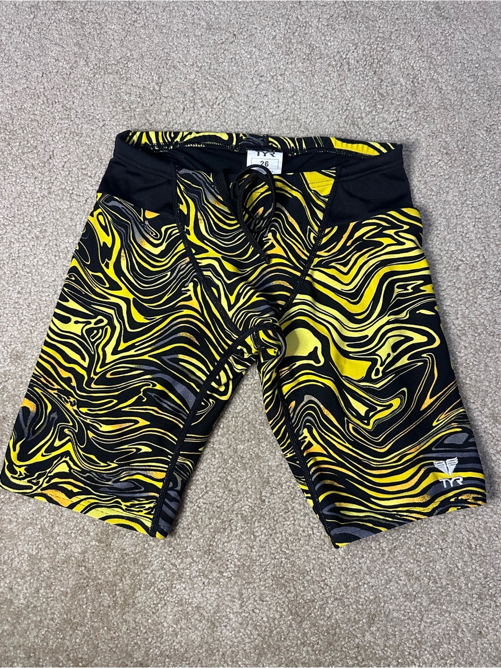 TYR Men's Yellow and Black Swirl Performance Shorts